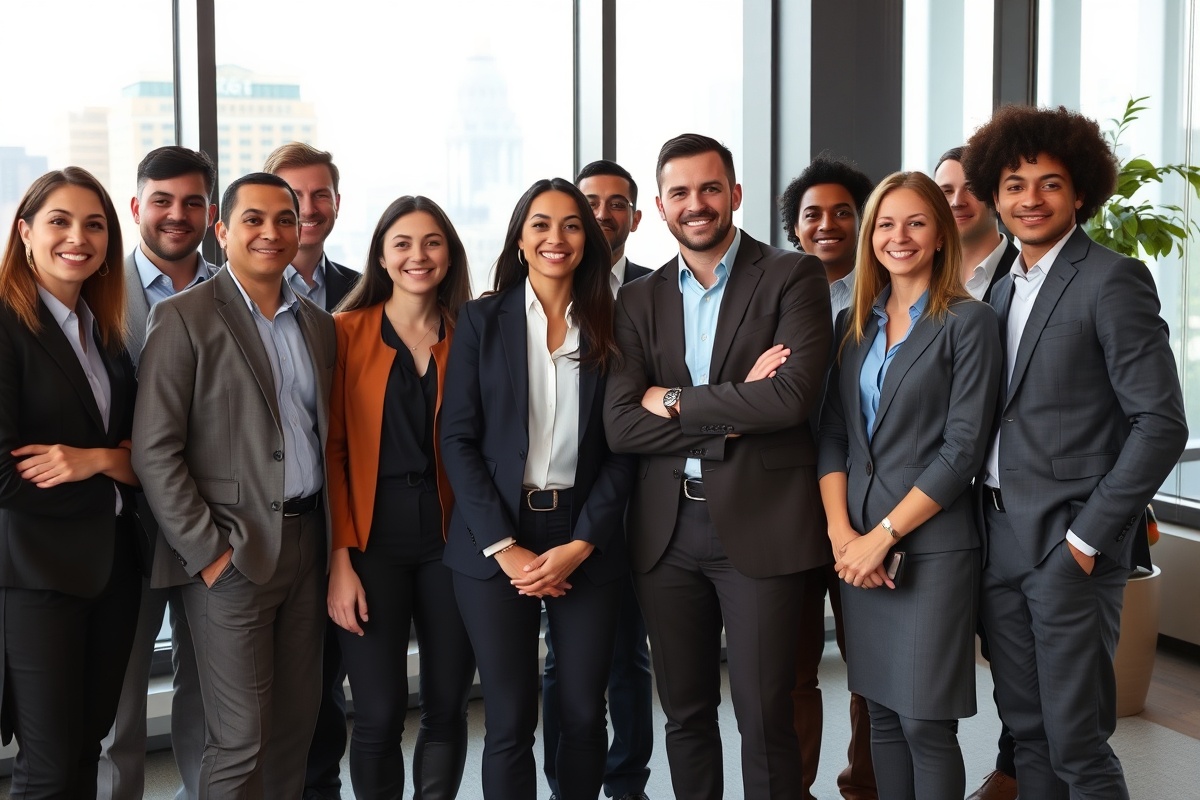 Diverse professionals in a modern office with city views representing career growth and opportunity