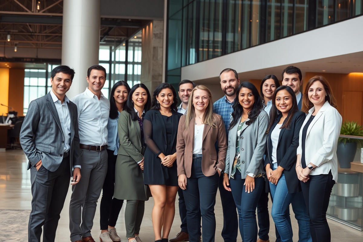 Diverse professional team standing together in a modern office