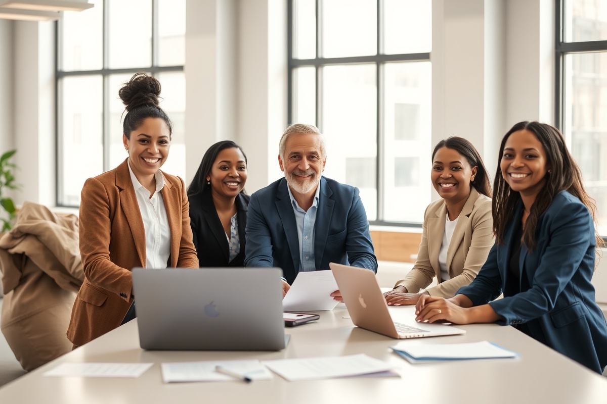 Professional team in a collaborative meeting discussing business solutions