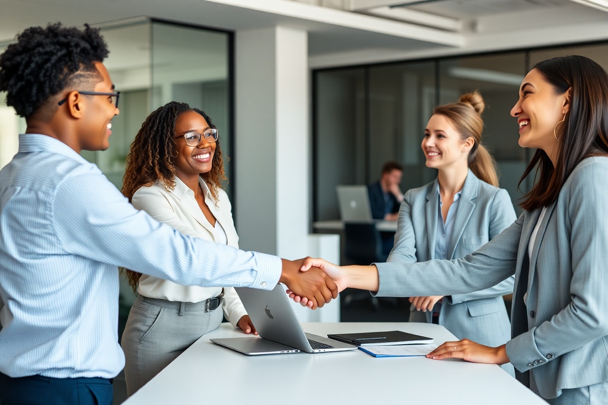 Professionals shaking hands in a modern office setting, representing business partnership