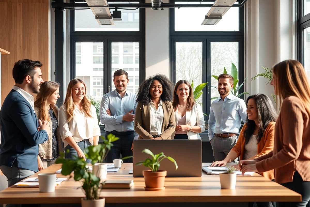 Professional diverse team collaborating in a modern bright office with natural light
