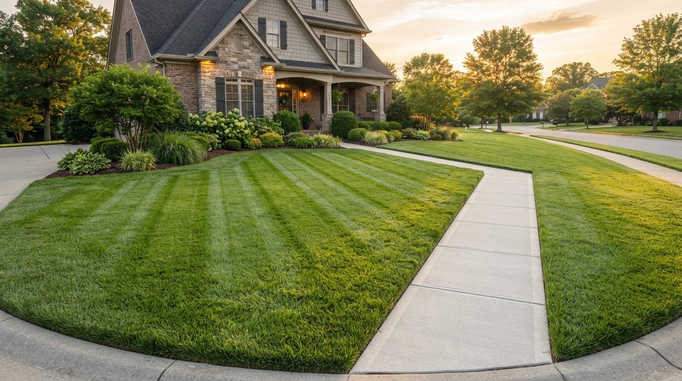 Freshly striped, manicured green lawn with crisp walkway edges