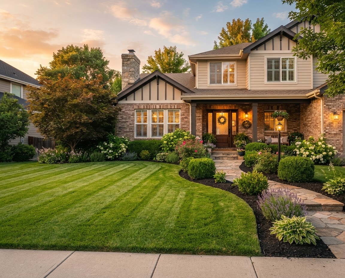 Tidy front yard at golden hour with a striped mowed lawn and trimmed shrubs