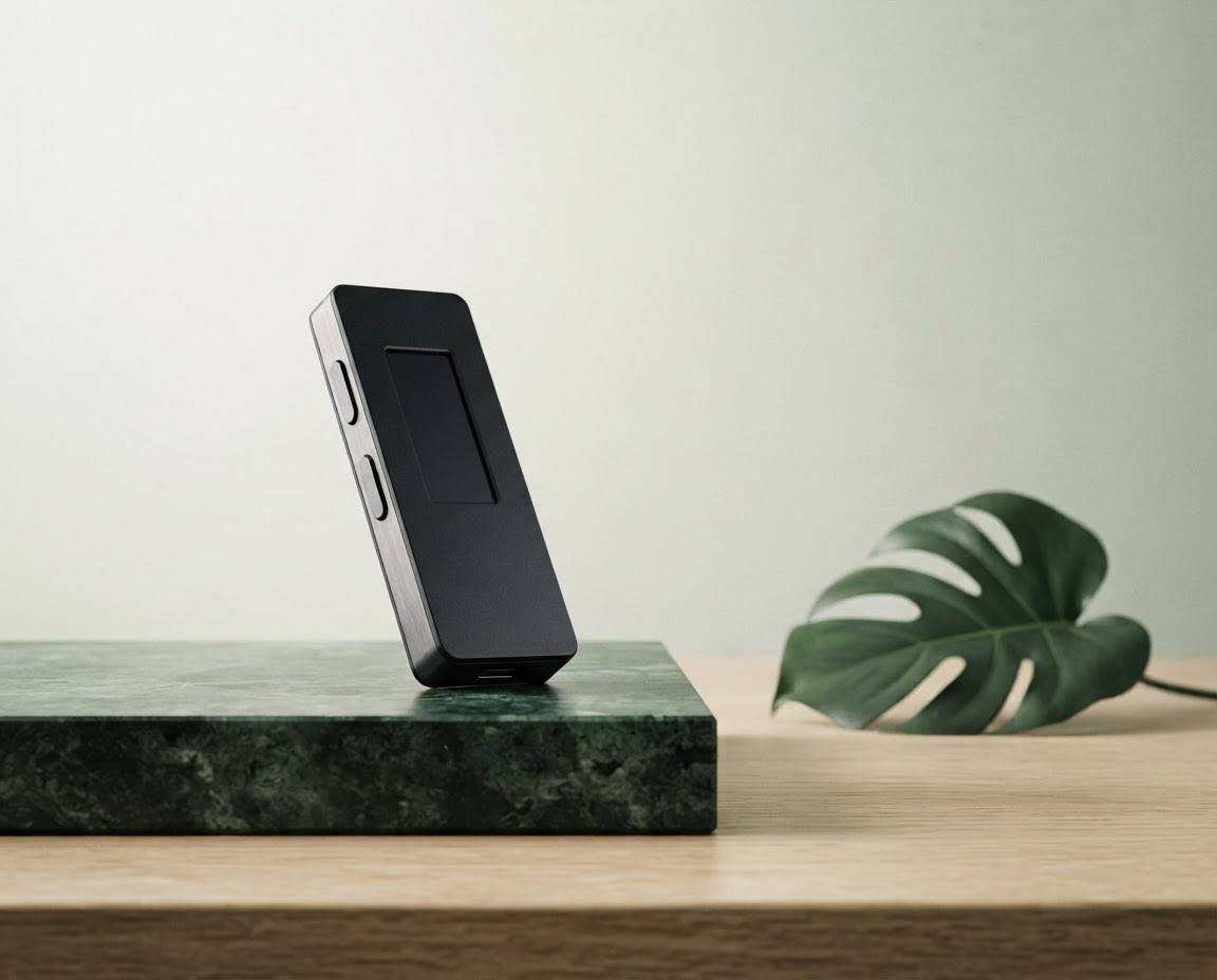 A compact hardware wallet displayed on a green stone plinth