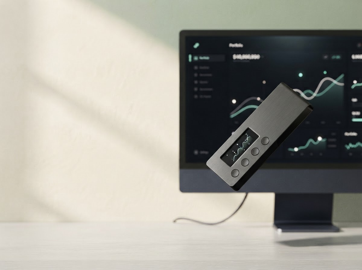 A graphite hardware wallet beside a dark portfolio screen