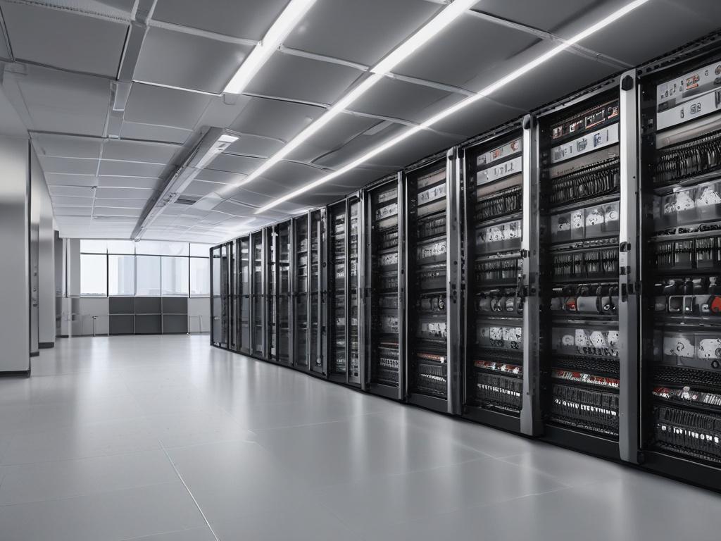 Close-up shot of a structured cabling setup with organized data racks, a network switch, and Wi-Fi access points in a modern office environment, hyper-realistic style, shot with a 45mm f/1.2 lens.