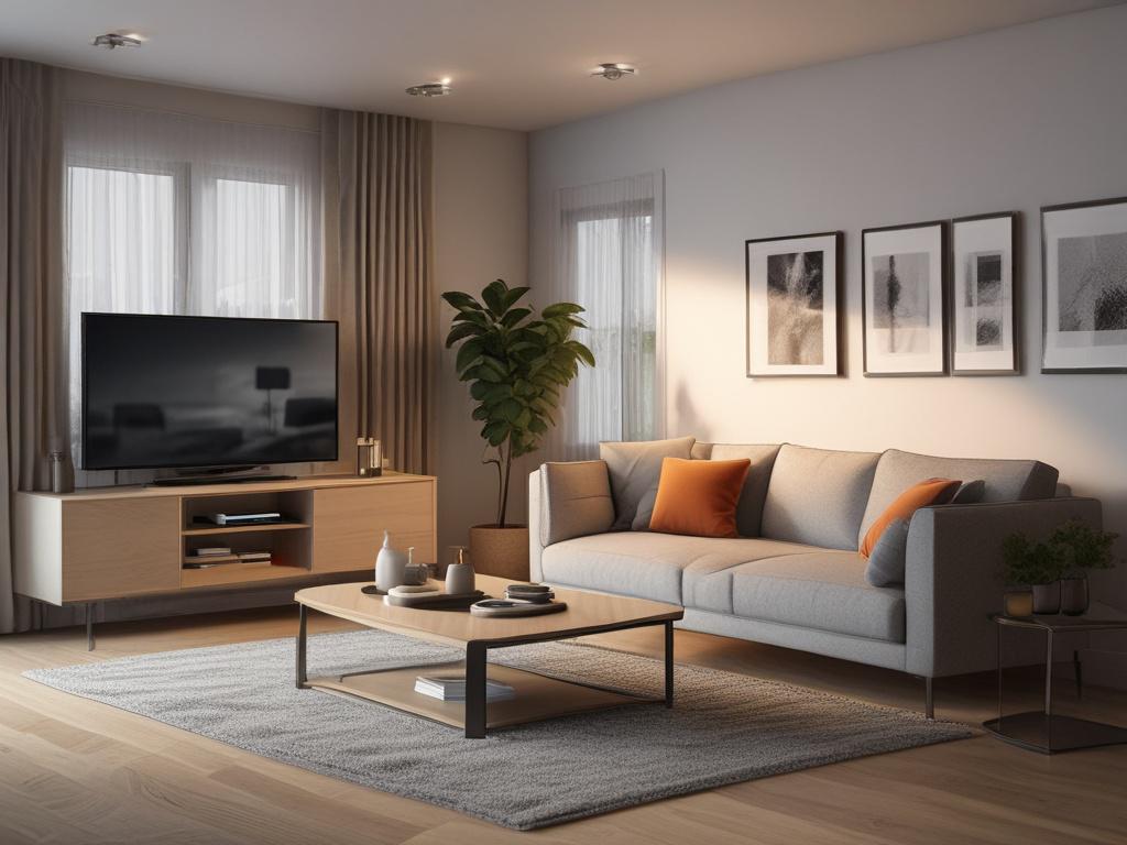 a modern living room with smart lighting and automation controls,