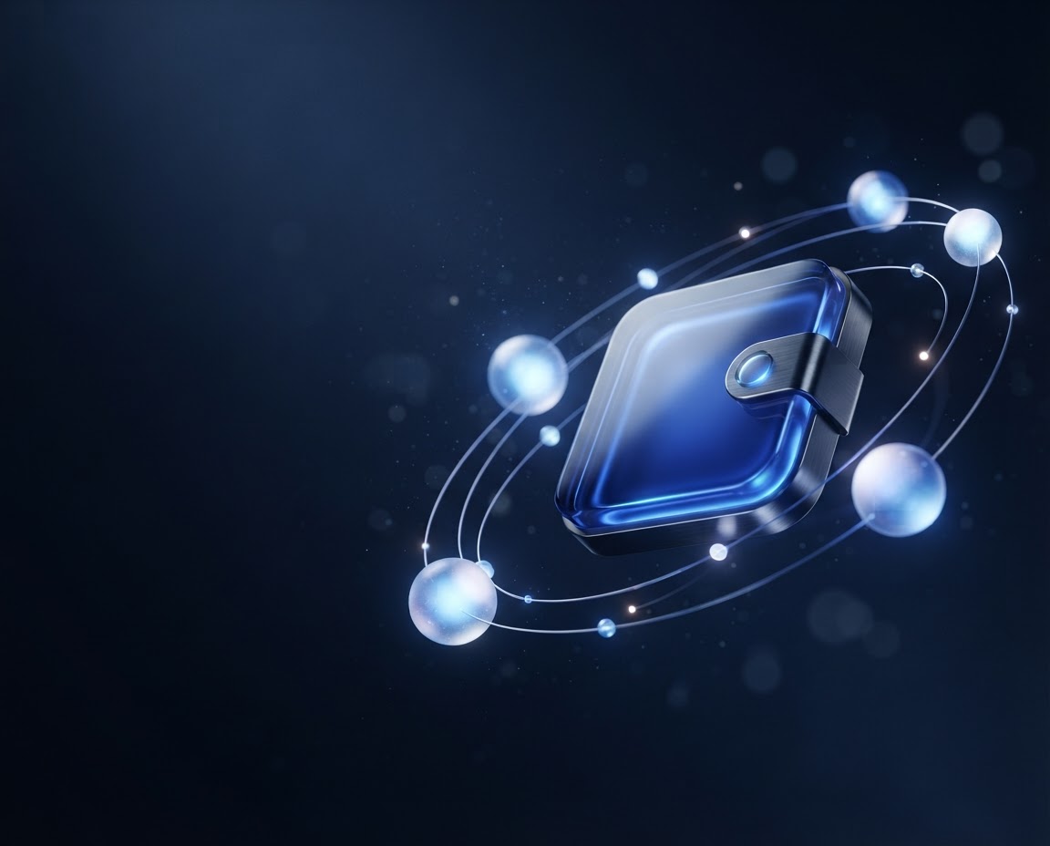 A luminous, abstract blue wallet form surrounded by connected orbs