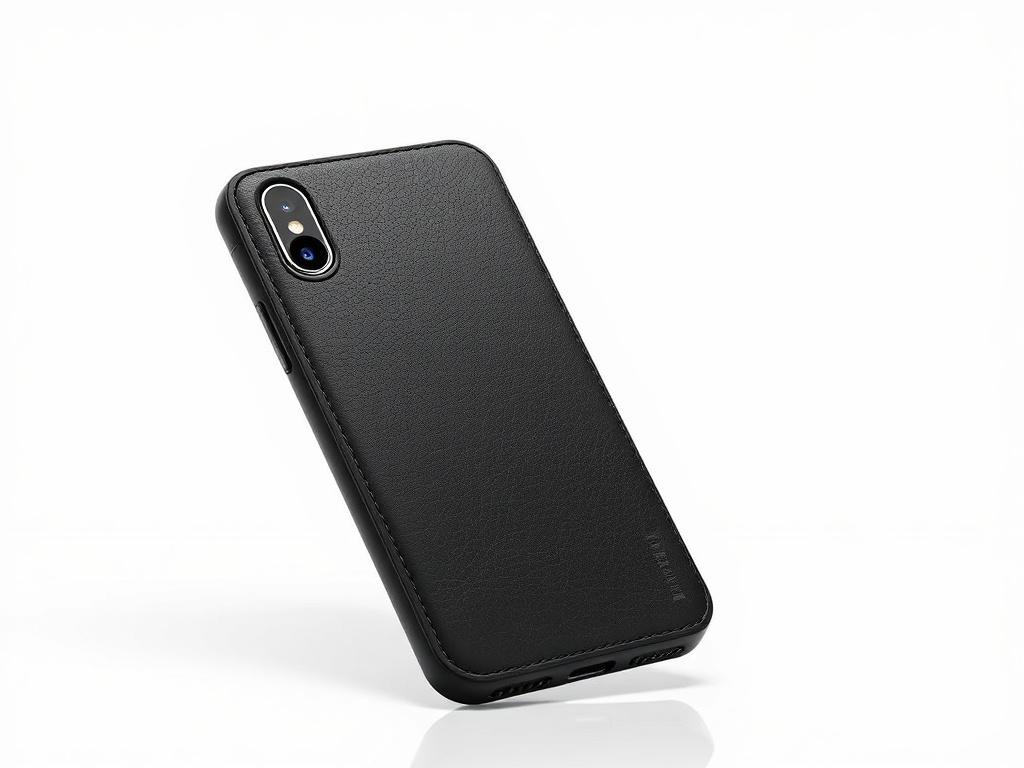 A sleek black leather phone case displayed against a clean,