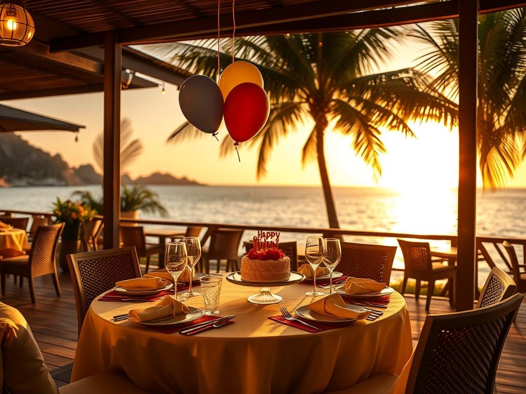 A beautifully set outdoor dining table at Nautica Bar and Restaurant, decorated for a birthday celebration. The table features elegant tableware, colorful balloons, and a birthday cake as the centerpiece. In the background, the Coral Sea sparkles under a golden sunset, and the gentle rustle of palm trees adds to the serene atmosphere. The lighting is soft and warm, creating a cozy and inviting ambiance.