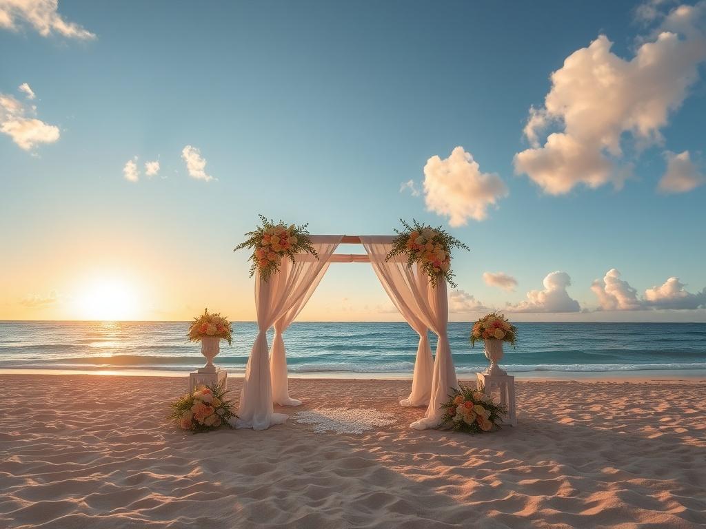 Create a realistic high-resolution image that conveys the essence of a perfect beach wedding at Nautica Bar and Restaurant. The composition should be simple and clear, focusing on a beautifully arranged wedding ceremony setup on the sandy beach. 

In the foreground, feature a stunningly decorated altar adorned with flowing white drapes and delicate floral arrangements that include soft pastels and vibrant tropical blooms. The altar should be centered, drawing attention to the serene beauty of the moment.

I