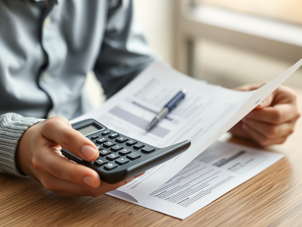 A close-up shot of a person reviewing paperwork with a calculator, symbolizing the financial benefits of selling without agent fees. The background should be simple and clear to emphasize the focus on the documents.