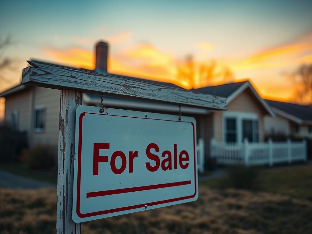 A close-up shot of a 'For Sale' sign in front of an older home, showing signs of wear but with a beautiful sunset in the background. The focus should be on the sign, emphasizing the ease of selling as-is.