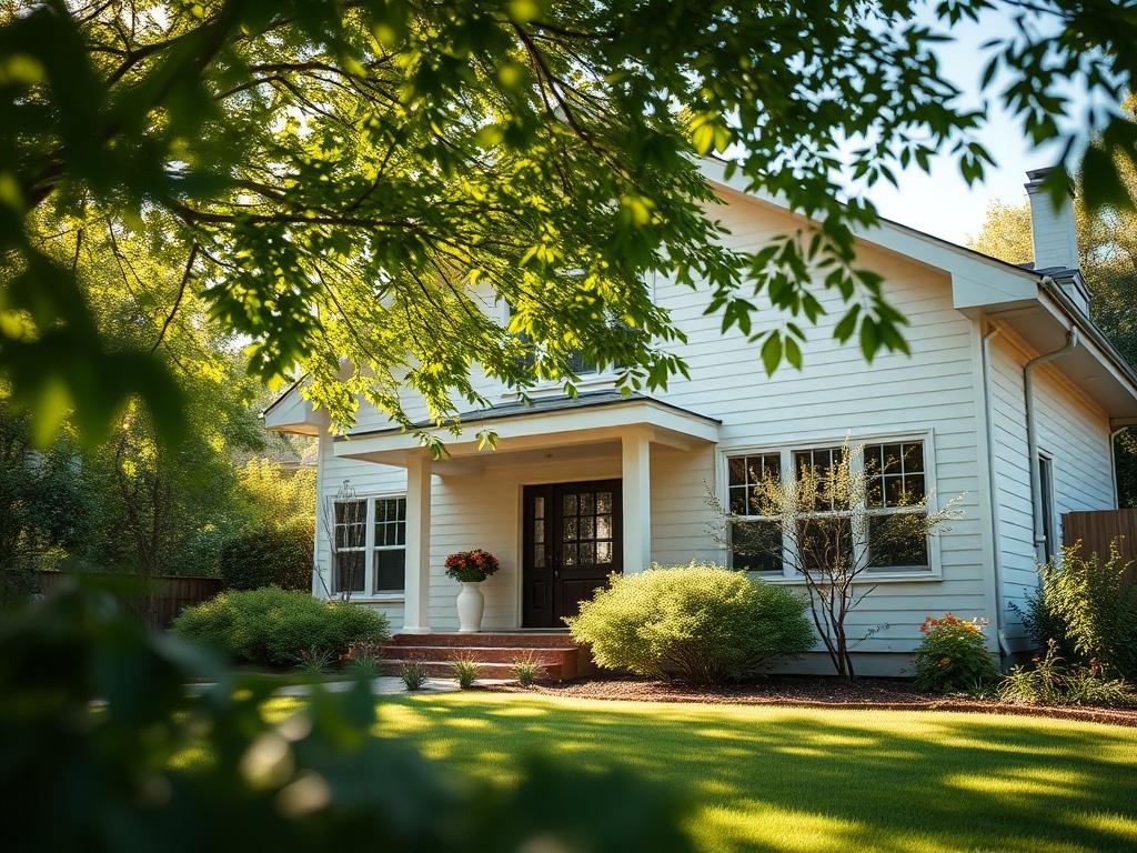 A close-up shot of a modern house with a well-maintained garden, sunlight streaming through trees, capturing the essence of a home. The background should be softly blurred to focus on the house, emphasizing its inviting features.