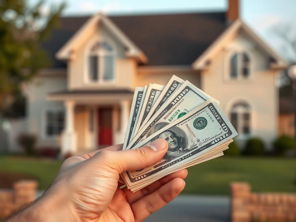 A close-up shot of a hand holding cash with a blurred background of a house. The focus should be on the cash, with the house subtly visible in the background, illustrating the quick and easy cash offer process.