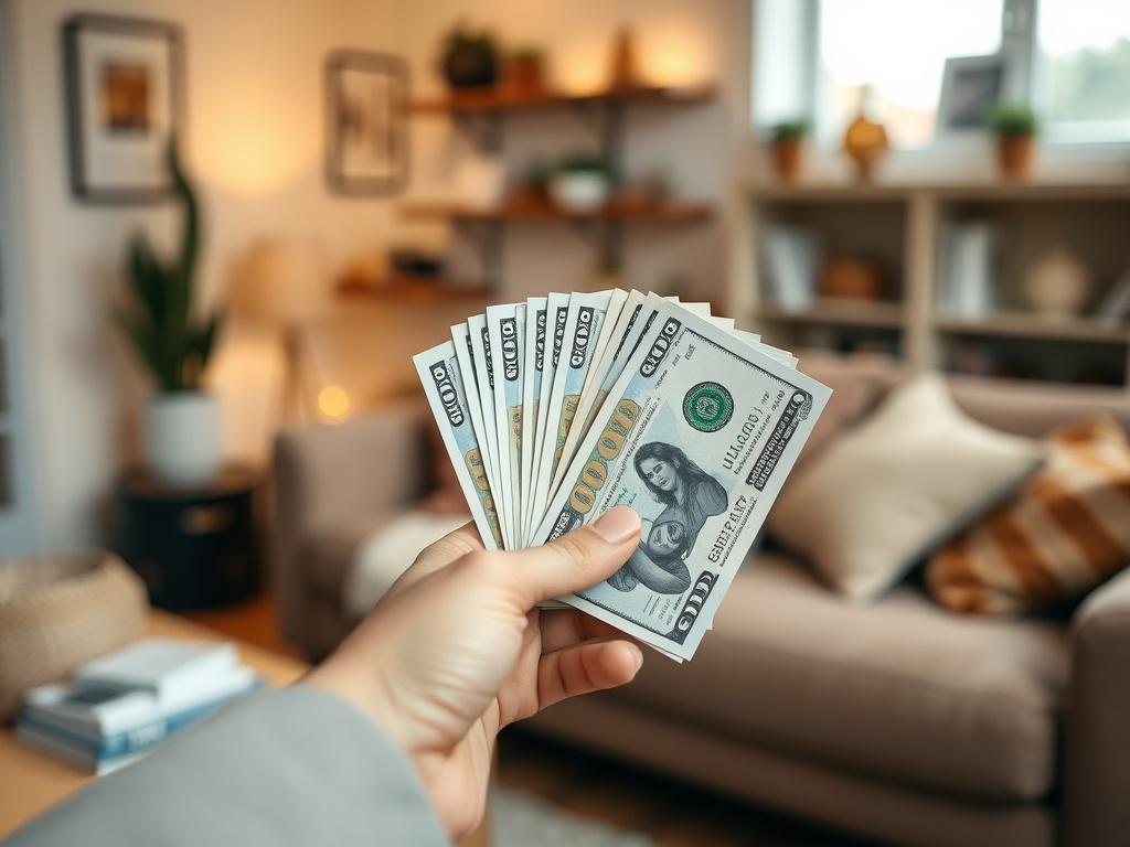 A close-up shot of a hand holding cash in a home setting, with a blurred background of a cozy living room. The focus is on the cash, with warm lighting creating an inviting ambiance. The image should capture the essence of quick financial transactions, emphasizing comfort and ease in the home environment.
