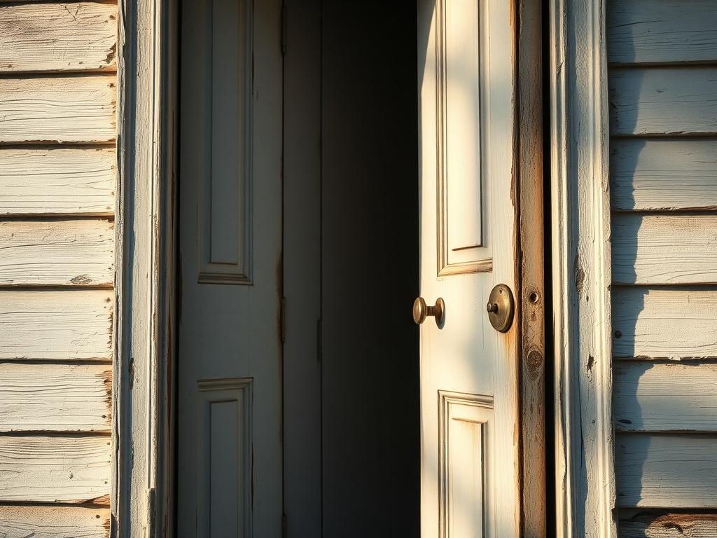 A close-up shot of a worn-out home door, symbolizing an 'as-is' property, with natural light streaming in to create a warm, inviting atmosphere. The focus should be on the door, showing signs of age but still standing strong, representing resilience and the opportunity for a fresh start.