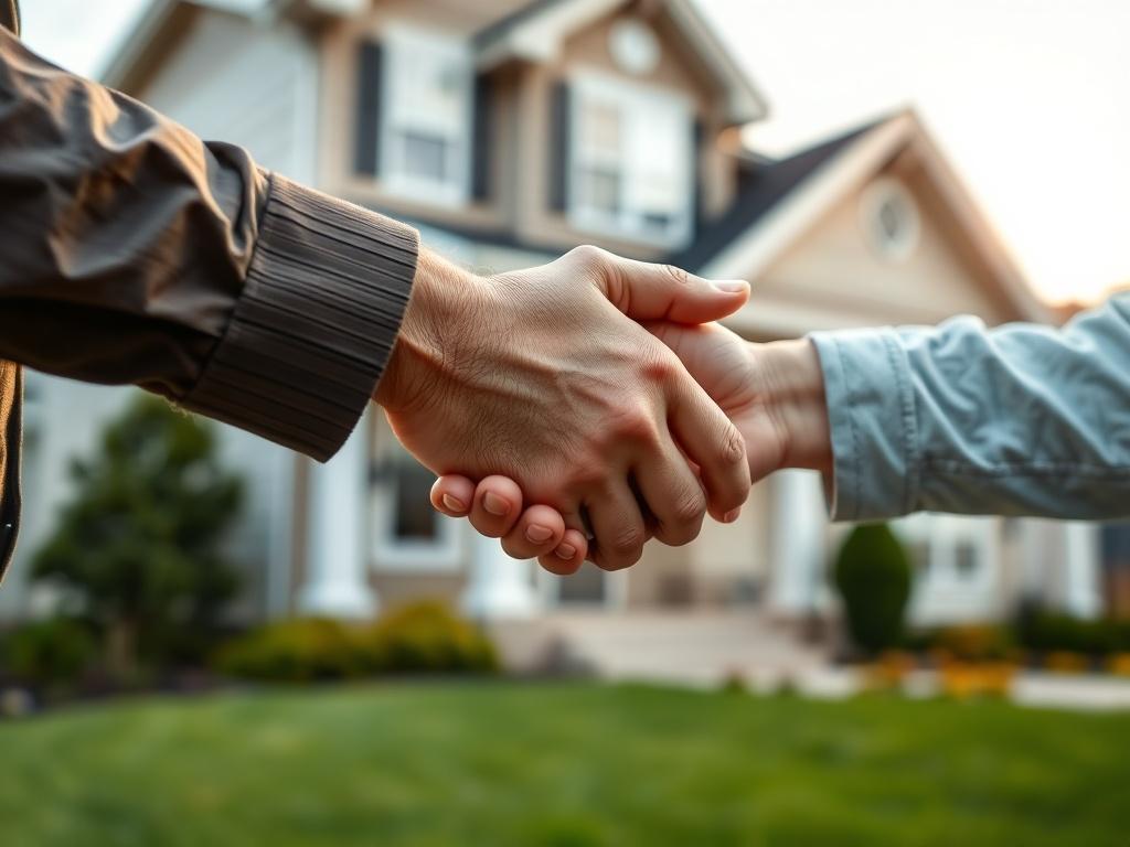 A close-up of a homeowner's hand shaking with a Legacy Home Buyer representative, with a house in the background. The scene is warm and inviting, captured with a 45mm f/1.2 lens, emphasizing the personal connection and trust in the home-selling process.