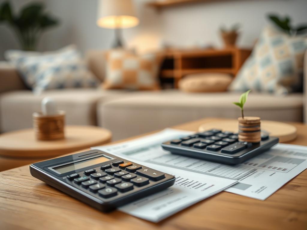 A close-up shot of a calculator and paperwork, symbolizing financial clarity and savings, set against a softly blurred background of a cozy living room. The image is designed to evoke a sense of ease and financial freedom, shot with a 45mm f/1.2 lens.