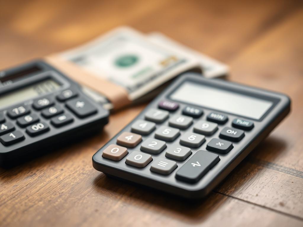 A close-up shot of a calculator and cash on a wooden table, symbolizing financial savings. The focus should be on the calculator displaying the number zero, emphasizing the absence of agent fees. The background should be softly blurred to highlight the importance of keeping your money.