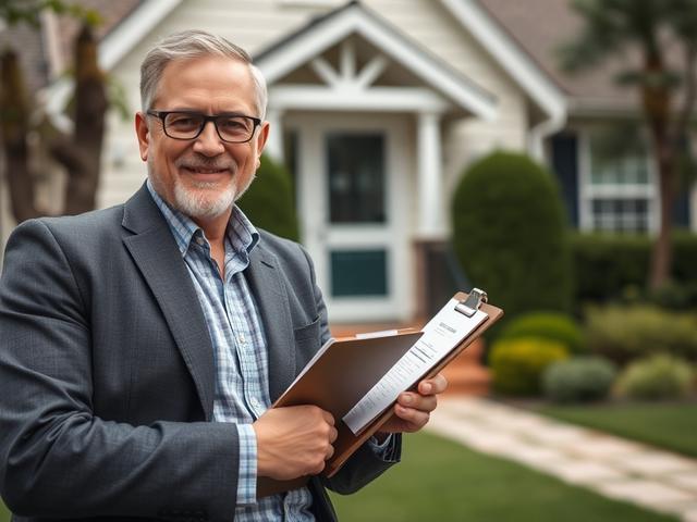 Create a realistic high-resolution photo that captures the essence of the blog titled "Quick Sale Strategies for Homeowners." The image should feature a close-up portrait of a confident and approachable real estate agent standing outside a charming home. The agent should be holding a clipboard with property details, exuding professionalism and warmth. The background should showcase a well-maintained lawn and a welcoming entrance, emphasizing the attractive features of the home. The focus should be soft and 