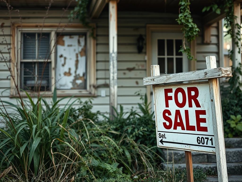 A close-up of a distressed home exterior, showcasing peeling paint and overgrown plants, with a faded 'For Sale' sign in the foreground. The focus should be on the home in its current state, highlighting the option to sell without repairs.
