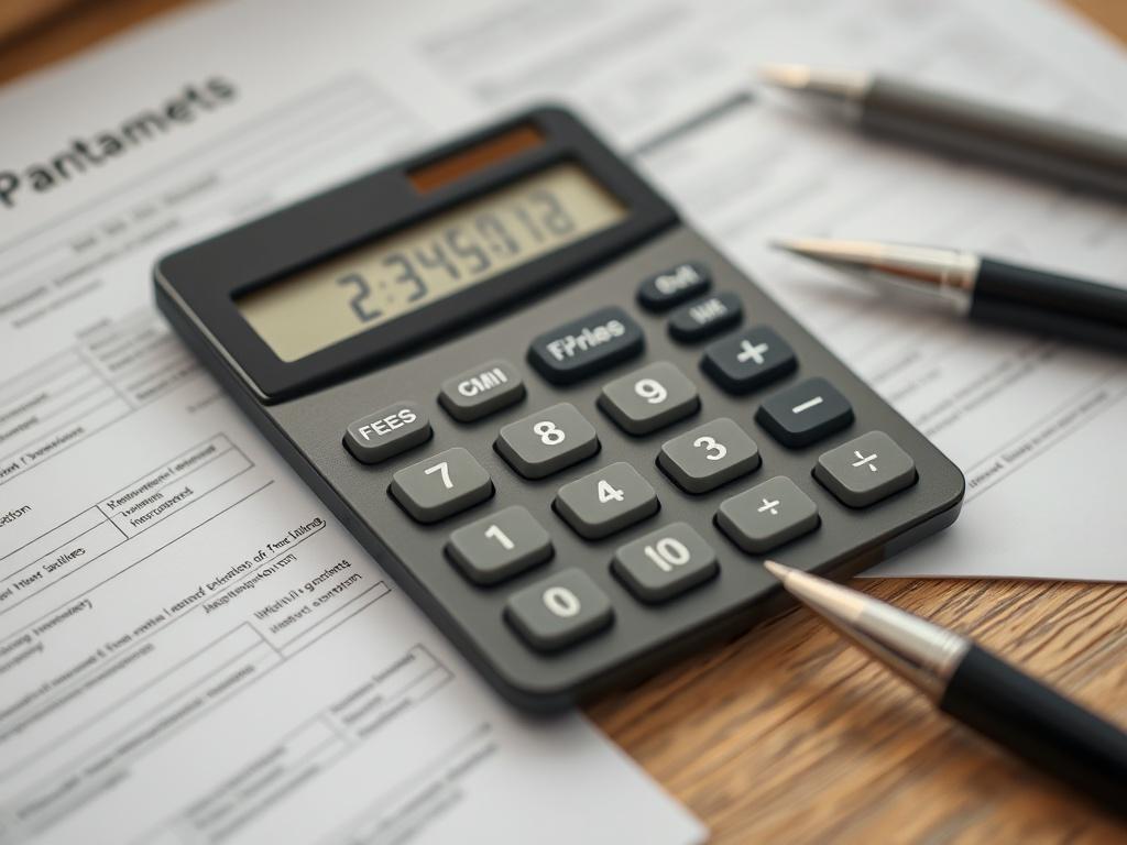 A close-up shot of a calculator with a 'zero fees' balance displayed, surrounded by paperwork and a pen. The background should be slightly blurred to emphasize the calculator, symbolizing the savings from avoiding agent fees.
