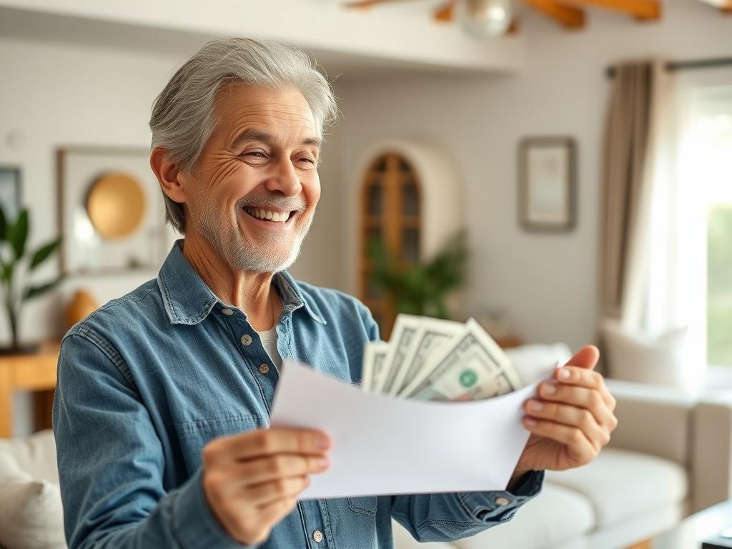 A realistic close-up shot of a happy homeowner receiving a cash offer for their home. The background should be a bright and welcoming living room with natural light. The homeowner should be smiling, holding an envelope with cash in hand. The focus should be on the expression of relief and happiness, shot with a 45mm f/1.2 lens style.