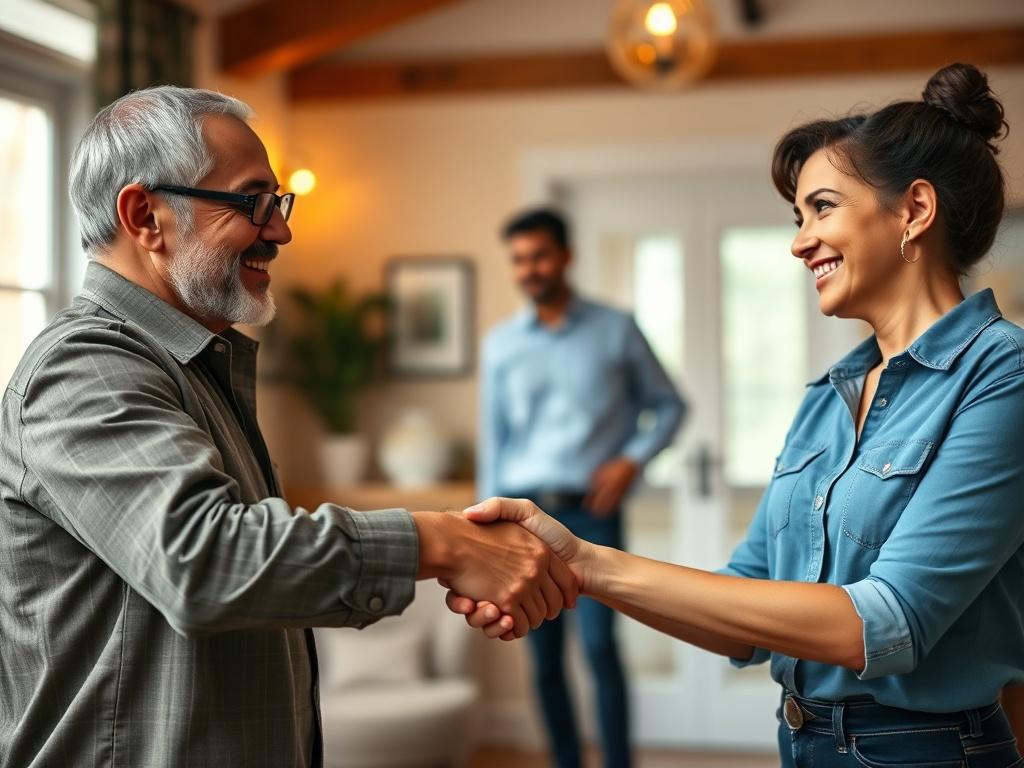 A close-up shot of a satisfied homeowner shaking hands with a Legacy Home Buyer representative in a welcoming office setting. The expressions should convey trust and satisfaction, emphasizing the ease of the process. The background should be softly blurred to keep focus on the handshake, shot with a 45mm f/1.2 lens.