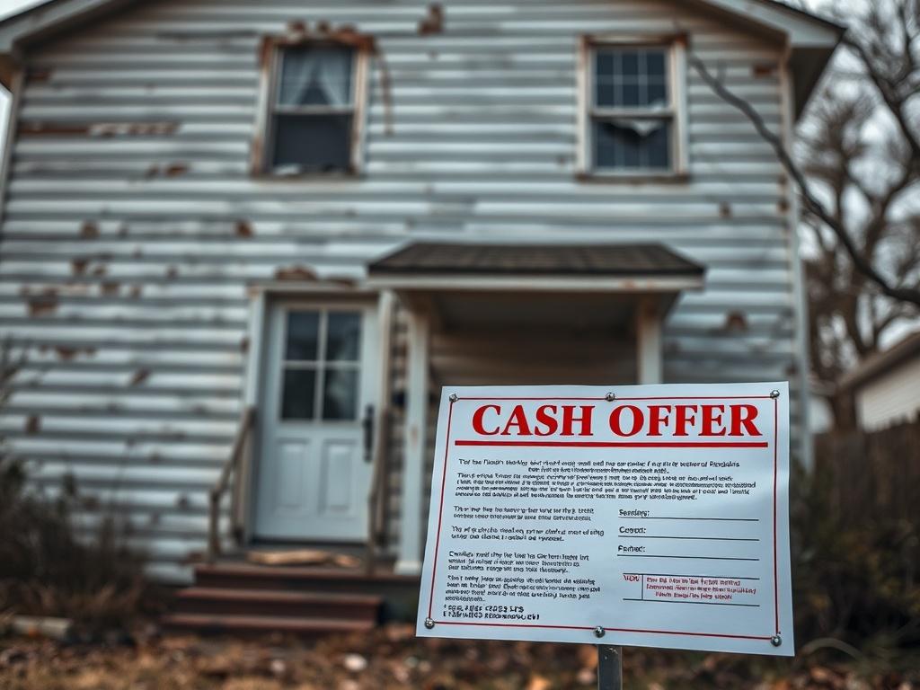 A close-up shot of a worn-down house with peeling paint, juxtaposed with a bright cash offer document in the foreground. The image conveys a sense of relief for homeowners looking to sell without repairs.