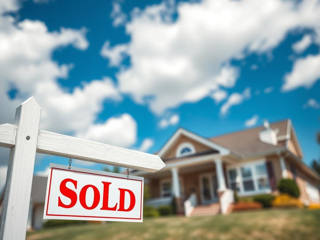 A close-up shot of a house with a 'Sold' sign in front, showcasing a well-maintained exterior. The background is blurred to focus on the house, with a vibrant blue sky and white clouds. The composition is simple and clear, emphasizing the house as the main subject.