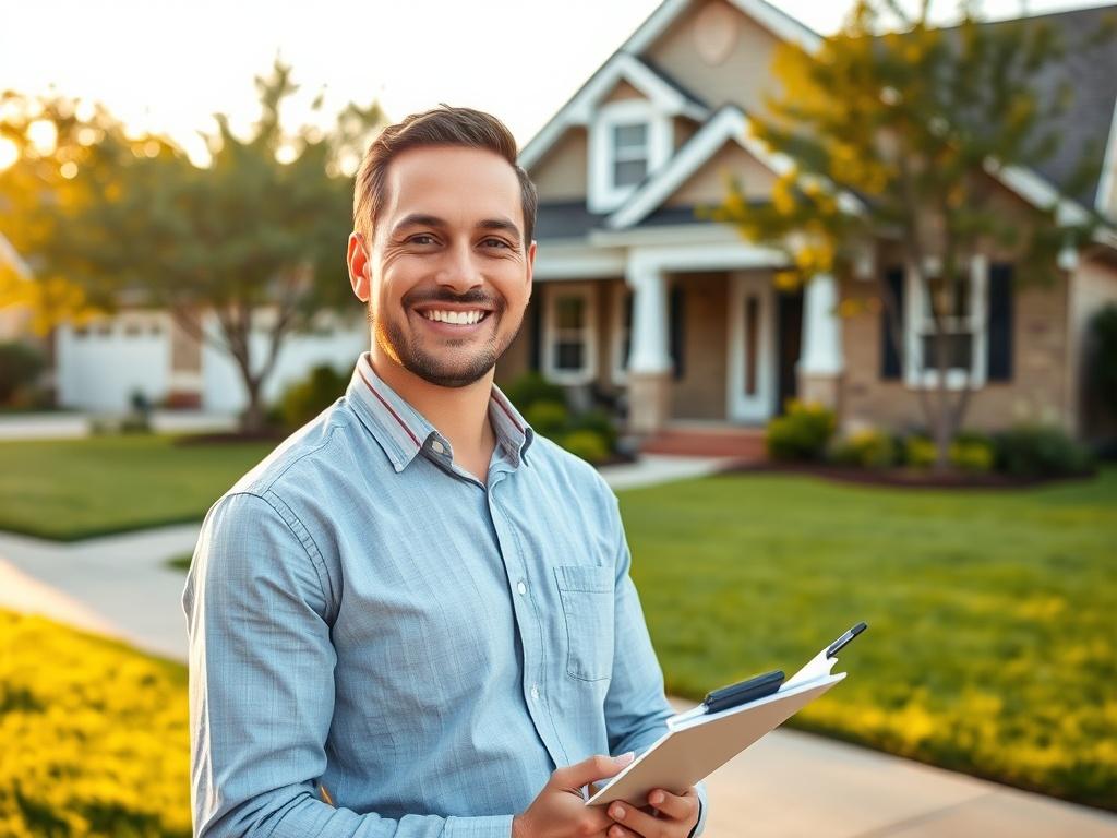 Create a realistic high-resolution photo that visually represents the concept of "Fast and Fair Cash Offers" for a blog titled "Fast and Fair Cash Offers." The composition should be simple and clear, featuring a single subject: a friendly, professional home buyer, smiling confidently while standing outdoors in front of a well-maintained, charming house. 

The background should showcase a beautiful suburban neighborhood with green lawns and trees, giving a welcoming and comfortable atmosphere. The home buyer