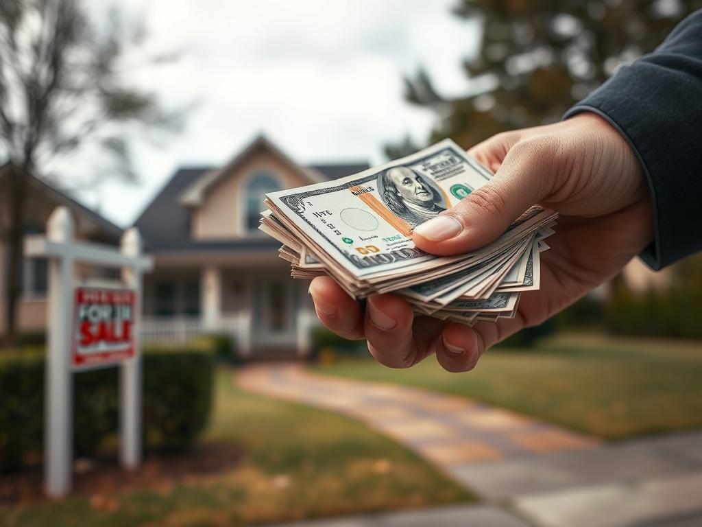 A close-up shot of a hand holding a stack of cash, with a blurry background of a house for sale. The image is hyper-realistic, showcasing the cash prominently while the house remains subtly in focus, conveying the theme of fast cash offers in real estate.