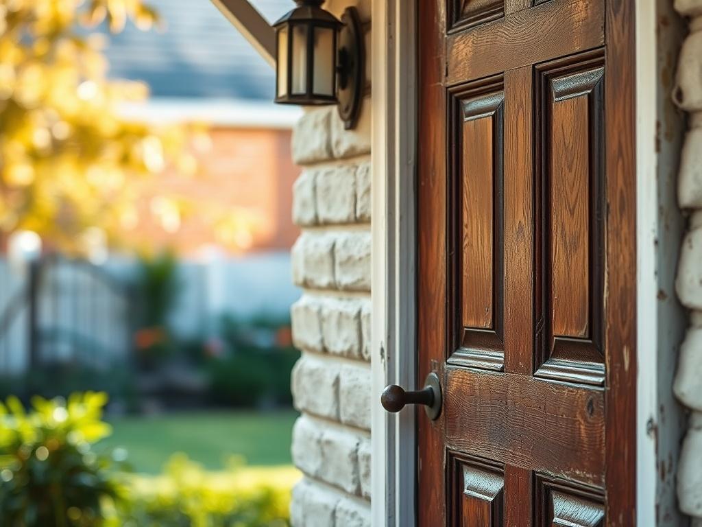 A hyper-realistic close-up of a worn-out front door of a house, showing signs of wear and tear, with a blurred background of a bright garden. This image symbolizes that no repairs are necessary for selling a home.