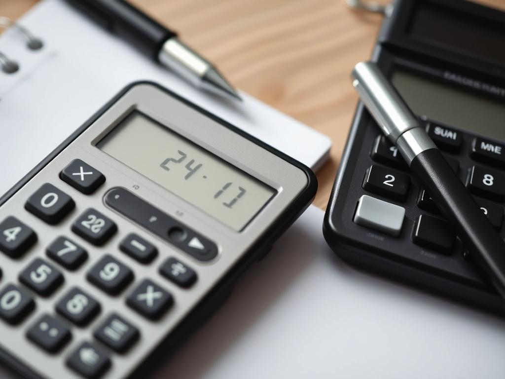 A hyper-realistic close-up of a calculator, showing simple calculations and a notepad with clear notes, symbolizing the transparent financial process of selling a home without hidden fees.