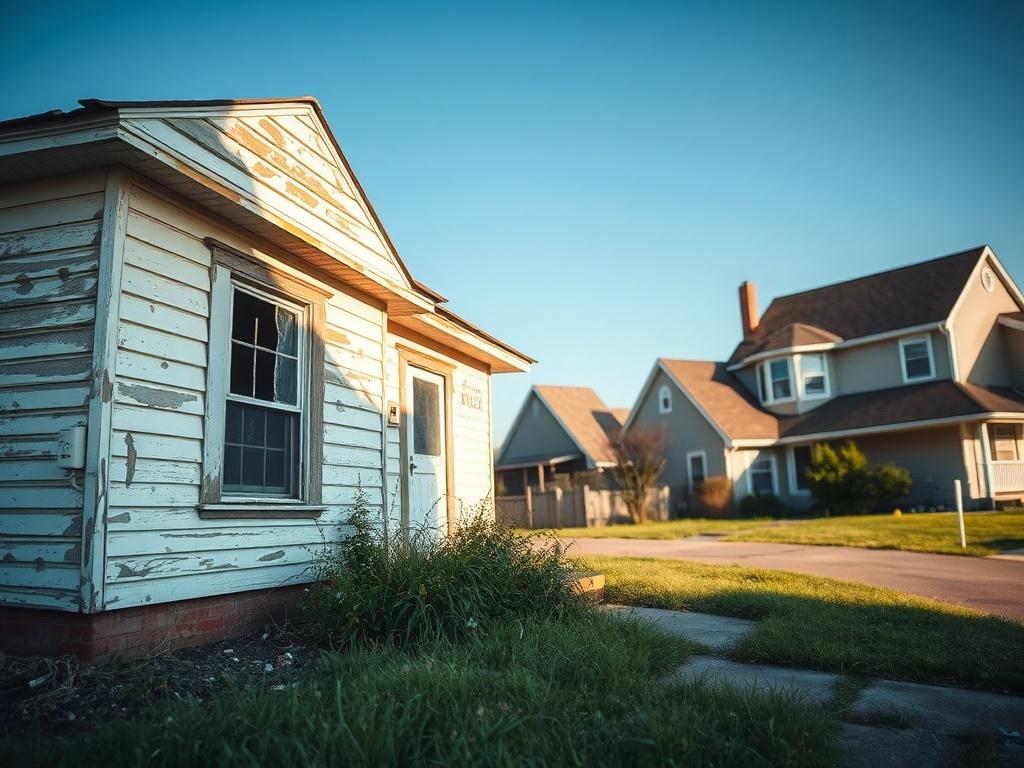 A close-up shot of a distressed house in need of repairs, showcasing peeling paint and broken windows. The background is a simple residential neighborhood setting with green grass and a clear blue sky. The focus is on the house, capturing its imperfections while highlighting its potential for revitalization. The image should reflect a warm, inviting tone despite the house's condition, emphasizing the opportunity for transformation.