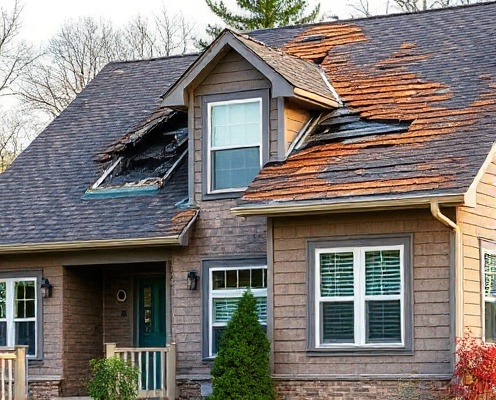 Residential home exterior showing repair needs
