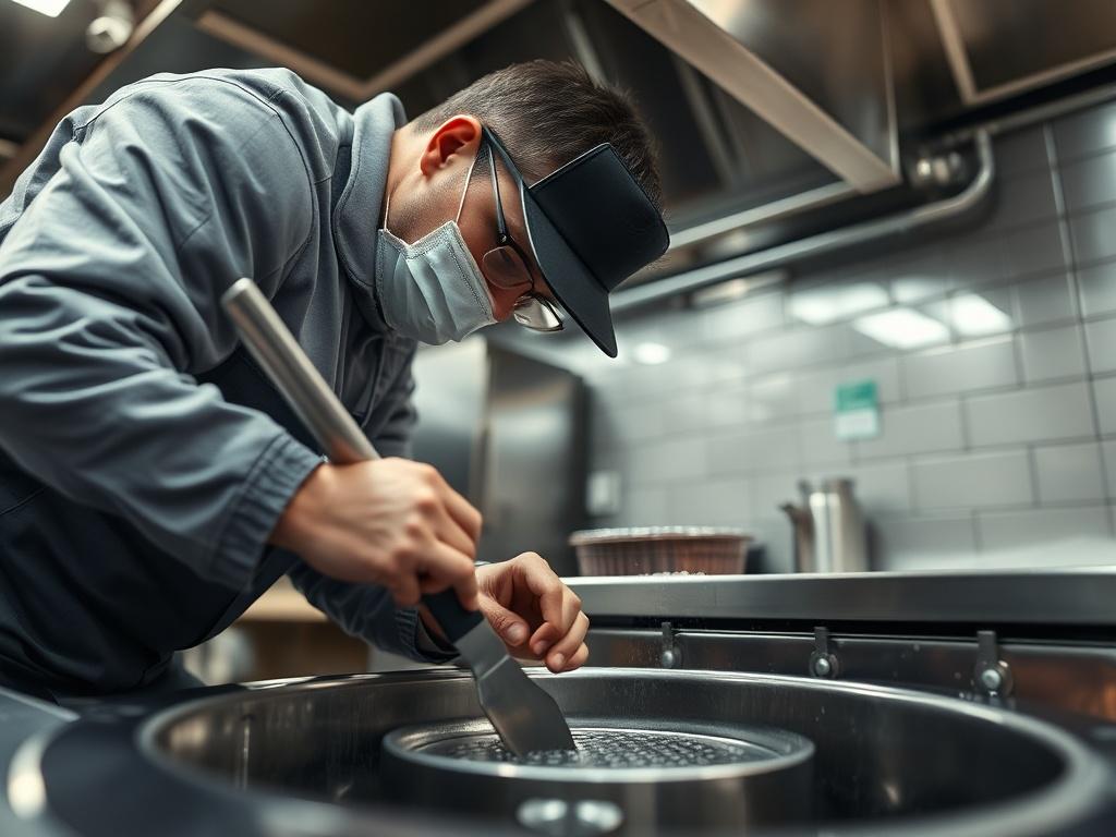 A technician inspecting and cleaning a grease trap in a