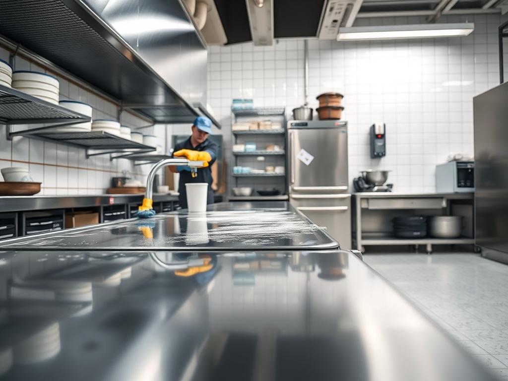 A hyper-realistic close-up shot of a commercial kitchen being deep cleaned. The focus is on a worker scrubbing a stainless steel prep surface, showcasing gleaming equipment exteriors and spotless floors. The background features organized storage shelves and clean walls, all in a well-lit and tidy kitchen environment. The image should convey cleanliness and professionalism, captured with a 45mm f/1.2 lens to emphasize detail.