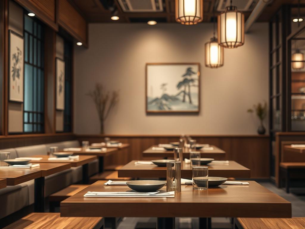 A hyper-realistic close-up shot of a beautifully designed interior of a Korean restaurant. The image should showcase elegant wooden tables, traditional Korean decorations, and soft ambient lighting that creates a warm atmosphere. The walls should have subtle art reflecting Korean culture, and the overall composition should be inviting and cozy, emphasizing the dining experience.