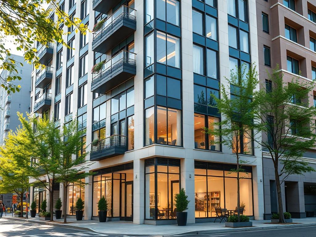 A realistic high-resolution photo of a 5-story building showcasing its modern architectural design. The building should be captured from a street view angle, emphasizing its façade, windows, and entrance. The surroundings should include greenery or urban elements to provide context, and the lighting should be bright and inviting, capturing the essence of a lively neighborhood.