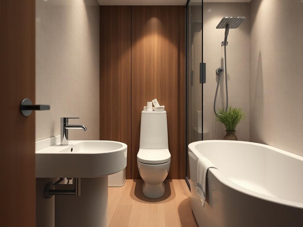 A hyper-realistic high-resolution photo of a modern Korean apartment bathroom. The composition should clearly showcase the entire bathroom space, including a toilet, faucet, and bathtub. The image should focus on the elegant design and functionality of the bathroom. The background should be simple and clean, emphasizing the modern features and materials used in the interior design.