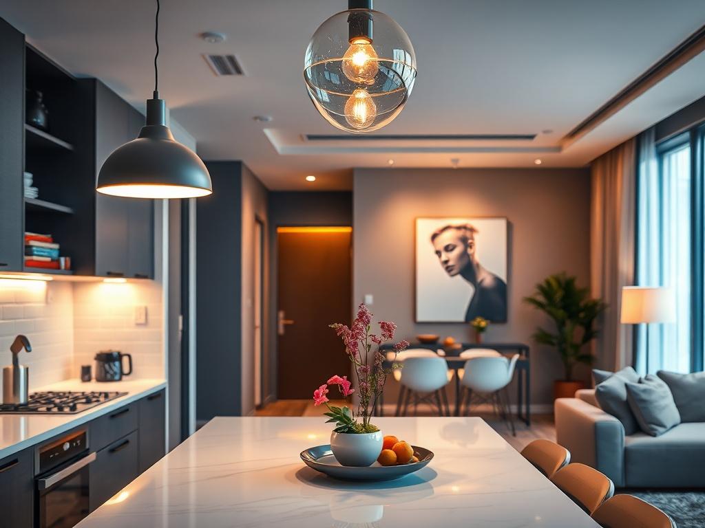 A realistic high-resolution photo of a modern apartment interior showcasing the latest lighting installations. The composition should focus on the kitchen and living room areas, highlighting elegant and contemporary lighting fixtures. The lighting should create a warm and inviting atmosphere, with soft illumination reflecting off stylish surfaces. The background should be minimalistic, emphasizing the beauty of the lighting design in a vibrant and modern setting.