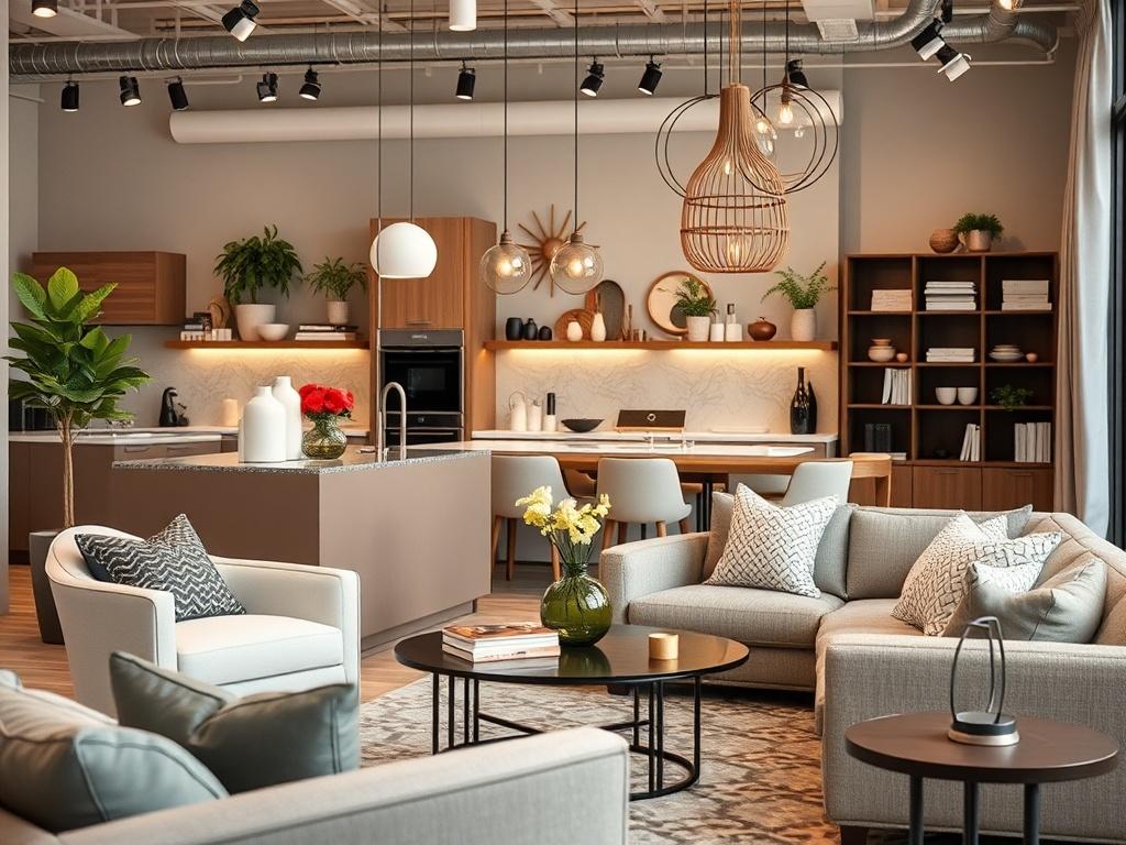 A hyper-realistic close-up image showcasing a beautifully designed kitchen and living room interior decor items displayed in a showroom. The composition should focus on stylish furniture, elegant decor pieces, and harmonious color schemes that reflect modern design trends. The background should be softly blurred to emphasize the decor items in the foreground, creating an inviting and sophisticated atmosphere.