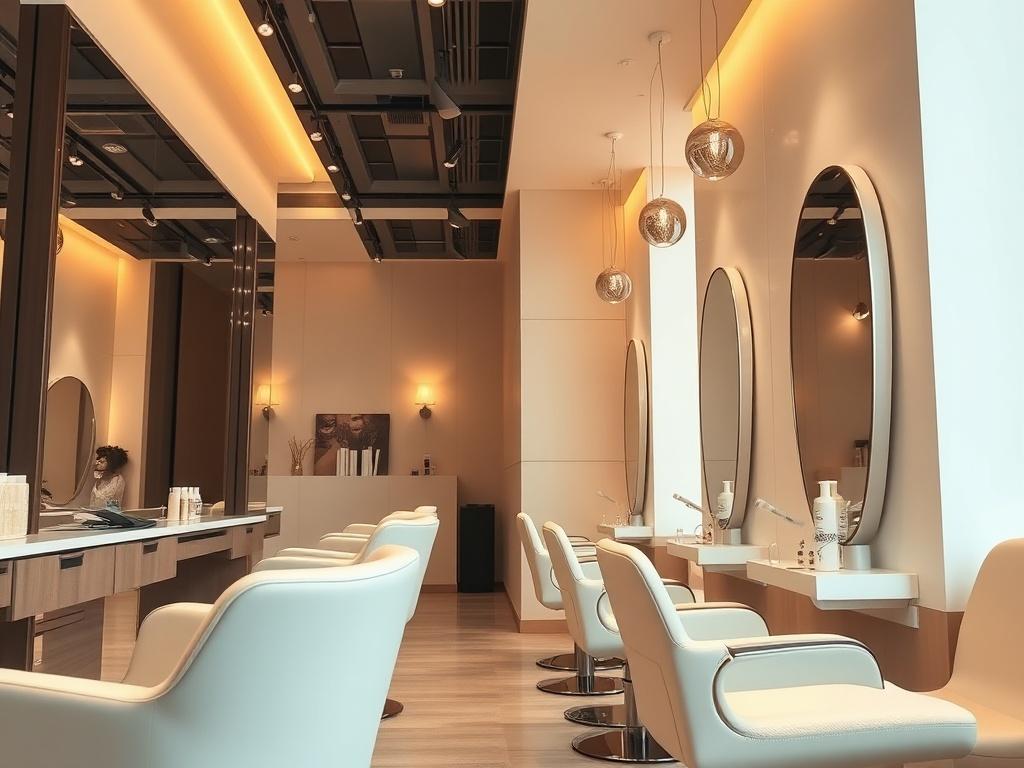 A realistic high-resolution photo of a modern Korean beauty salon interior. The composition should focus on a sleek, contemporary design featuring stylish hair styling stations, elegant mirrors, and warm lighting. The background should be minimalistic, emphasizing the salon's aesthetics and inviting atmosphere. The color palette includes soft pastels and warm tones, creating a relaxing ambiance. The image should be a close-up shot, highlighting the intricate details of the salon's decor, with a focus on the