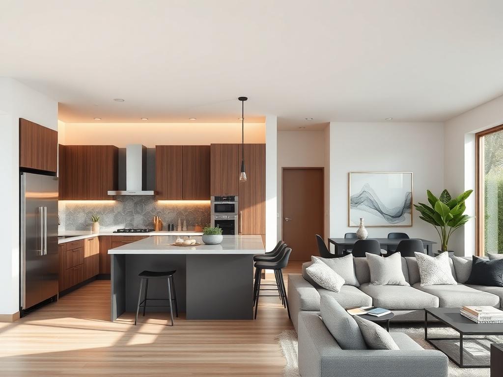 A realistic high-resolution photo of a modern kitchen and living room interior, showcasing an integrated space with contemporary design elements. The image should focus on the overall layout, highlighting the harmony between the kitchen and living area. The kitchen features sleek cabinetry, a stylish island, and modern appliances, while the living room has a cozy sofa, stylish decor, and natural light streaming through large windows. The background should be simple and clean, emphasizing the beauty of the i