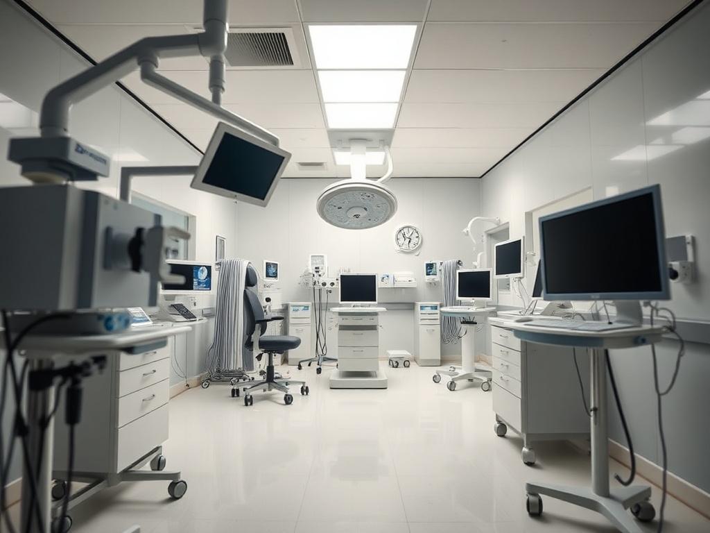 A realistic high-resolution photo of a hospital endoscopy room. The composition should focus on the examination room, showcasing the equipment and layout. The background should provide a clear view of the entire room, emphasizing cleanliness and organization. The lighting should be bright and clinical, enhancing the professional atmosphere of the space. The image should be captured with a 45mm f/1.2 lens to create a hyper-realistic close-up shot.