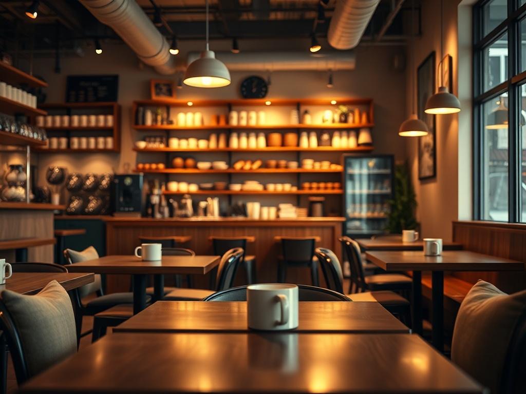 A hyper-realistic close-up shot of a cozy coffee shop interior similar to Starbucks, featuring wooden tables, comfortable seating, and warm lighting. The background should include shelves with coffee mugs and pastries, creating an inviting atmosphere. The overall color scheme should reflect a blend of earthy tones and soft, warm colors, evoking a welcoming and relaxed vibe.