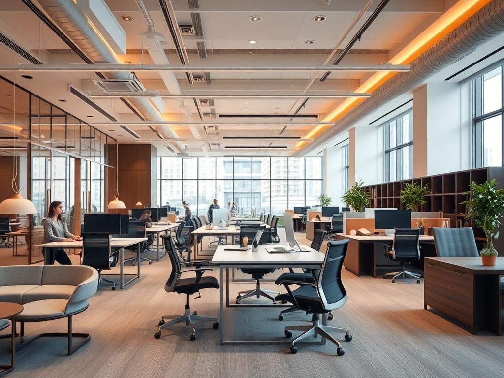 A realistic high-resolution photo of a commercial interior space designed by a professional interior design company. The focus should be on a stylish and modern office environment with sleek furniture, elegant lighting, and an open layout. The image should capture the essence of a productive workspace, showcasing ergonomic desks and comfortable seating. The background should be subtle and not distracting, emphasizing the beauty and functionality of the interior design. The colors should be harmonious, with 