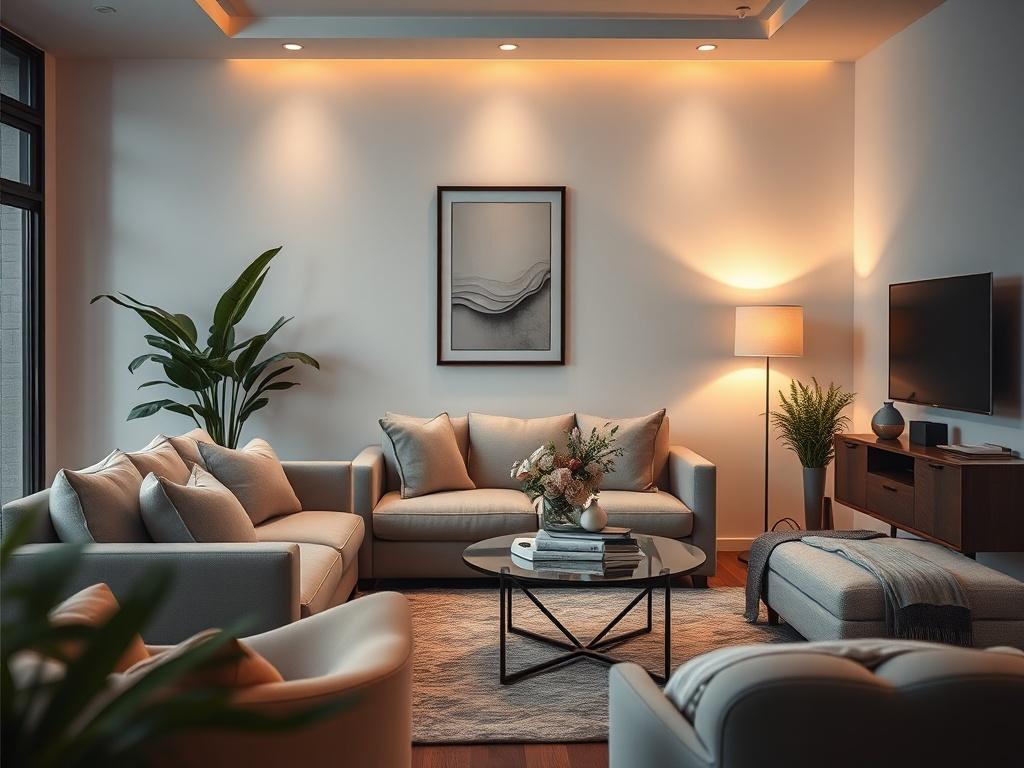 A hyper-realistic close-up photo of a beautifully designed residential interior space, showcasing elegant furniture, warm lighting, and tasteful decor. The composition should focus on a cozy living room setting with a modern sofa, stylish coffee table, and tasteful wall art. The background should include soft textures and natural elements like plants, creating a welcoming atmosphere. The image should evoke a sense of comfort and sophistication, captured with a 45mm f/1.2 lens style.